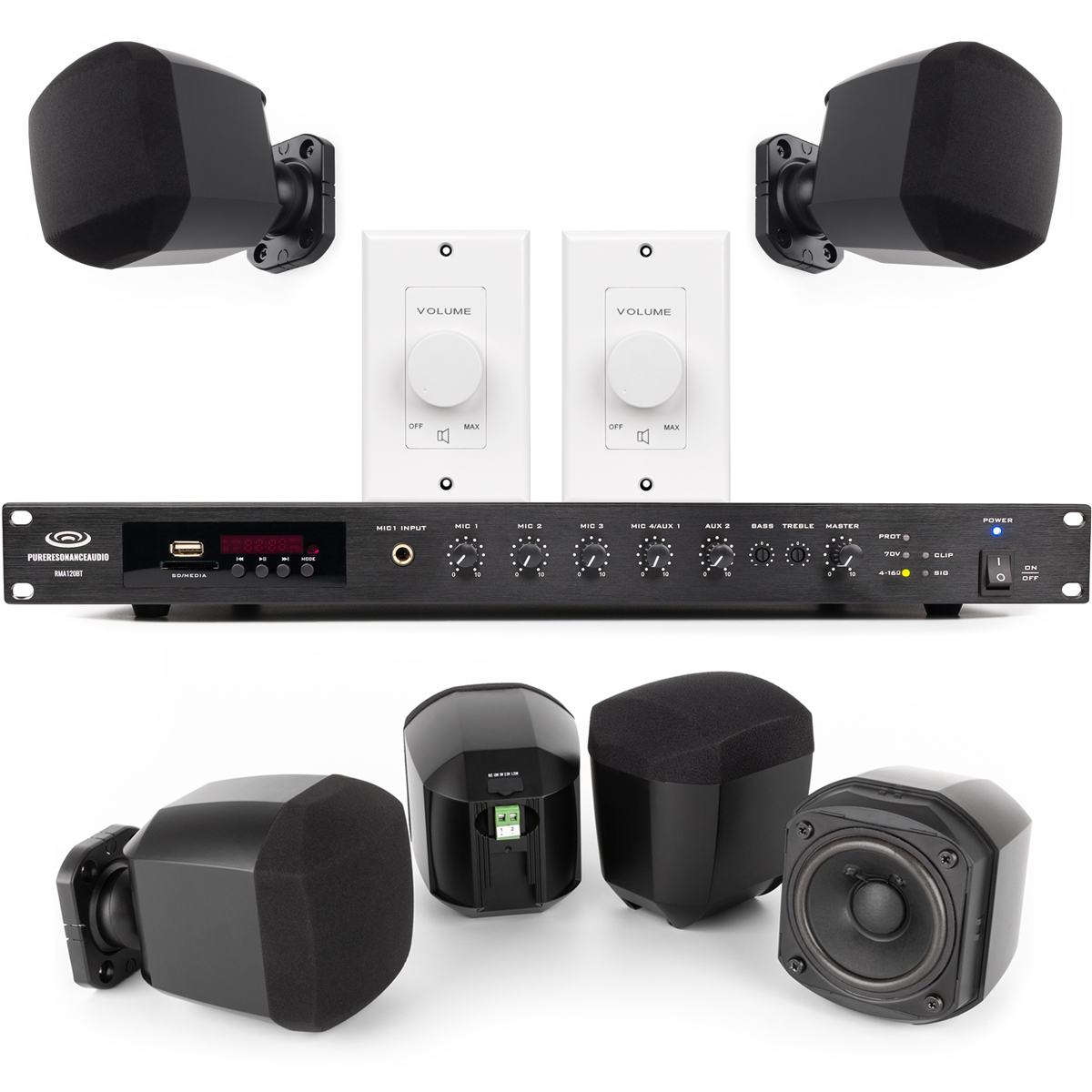 Retail Store Sound System with 6 Surface Mount Speakers Rack