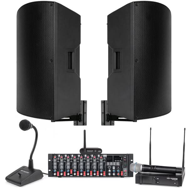 Gymnasium PA System with 2 Powered PA Speakers, Mixer, Wireless