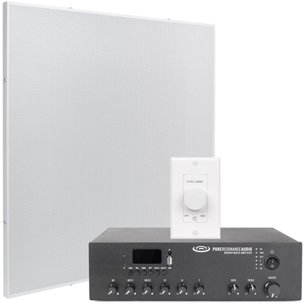 Office Music System with 4 Drop Tile Ceiling Speakers, Bluetooth Mixer Amplifier and Volume Control