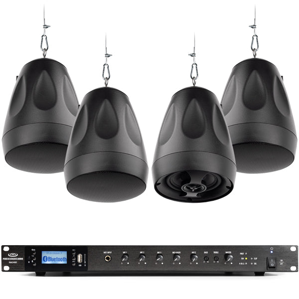 Basic Sound Setup For Storefront Retail Store Sound System with 8 Pendant Speakers and 240W Rack Mount ...