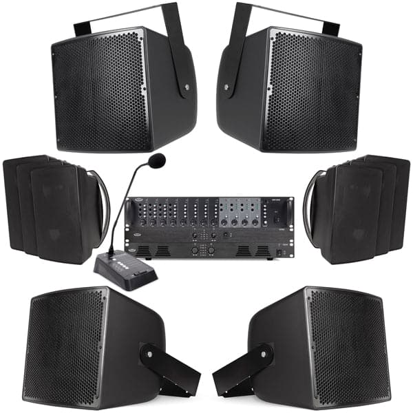 Stadium PA System with 10 Outdoor Speakers, 4 Zone Mixer
