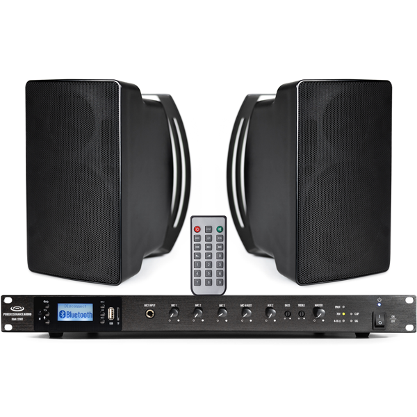 70 Volt Outdoor Speaker System with Surface Mount Speakers and Mixer Amp