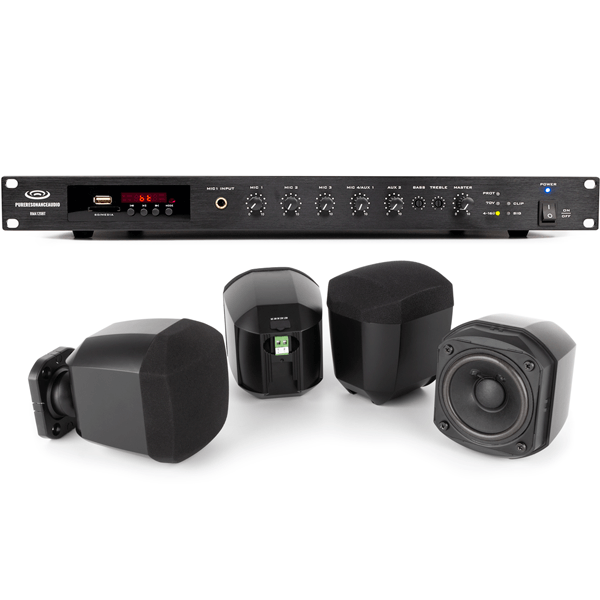 Basic Sound Setup For Storefront Retail Store Sound System with 8 Surface Mount Speakers and 120W Rack ...